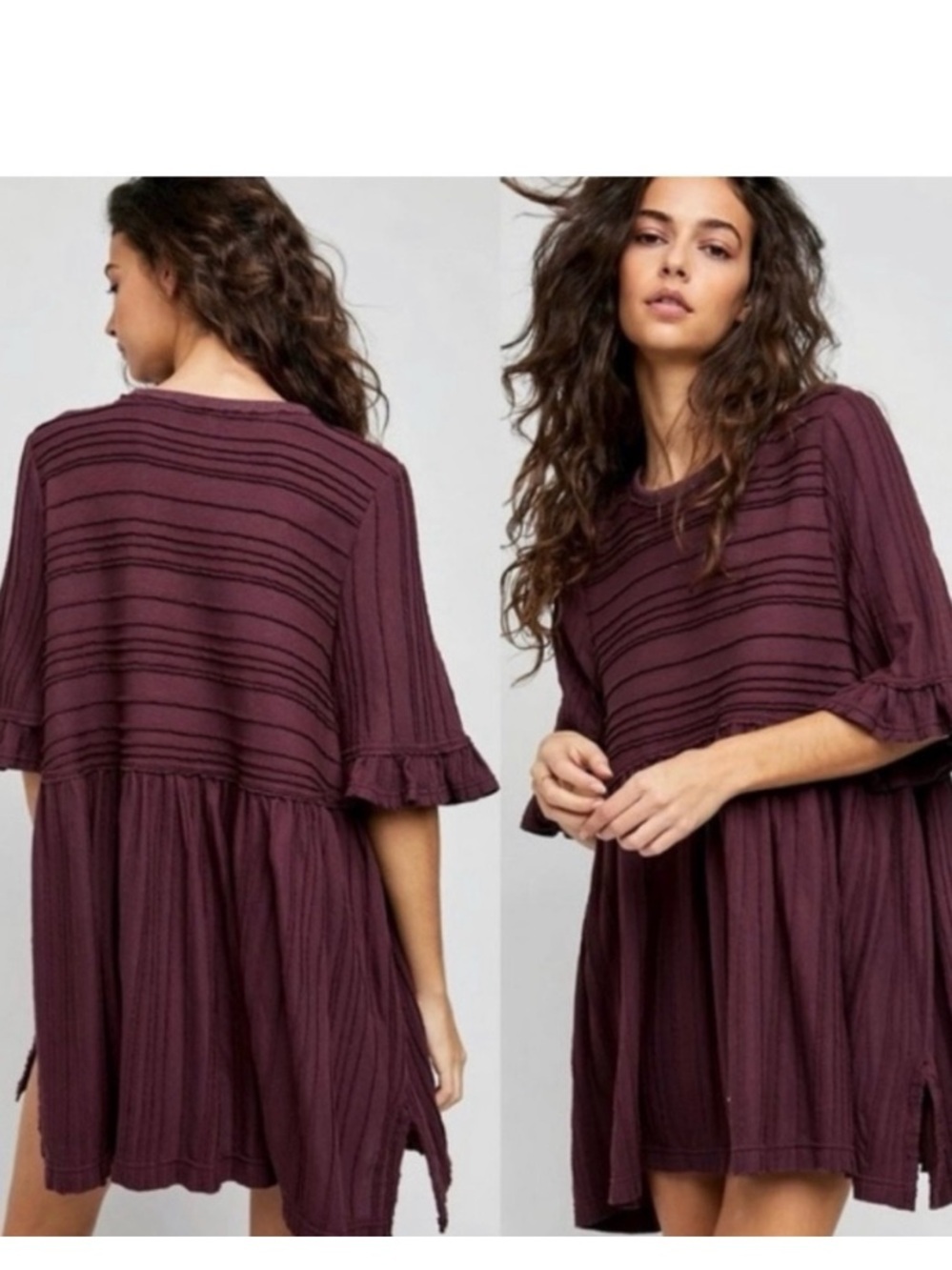 Free People Take A Spin Tunic Dress Babydoll Plum Purple Ruffle Sleeve Mini Med